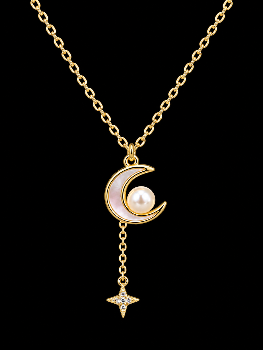 Gold Moon & Pearl Lariat Necklace by Silverguy