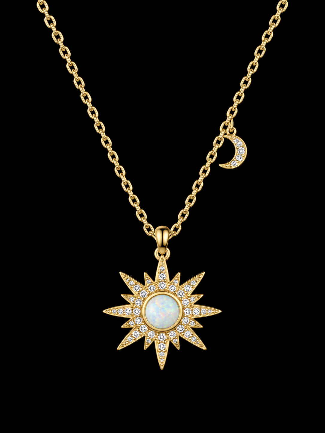 Gold Opal Sunburst & Moon Necklace by Silverguy